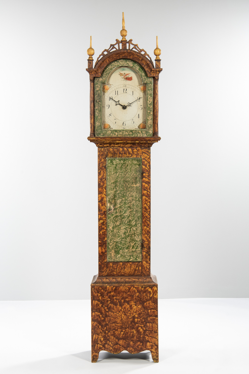 Paint-decorated Pine Wooden Works Tall Case Clock, probably Riley Whiting, Winchester, Connecticut, early 19th century