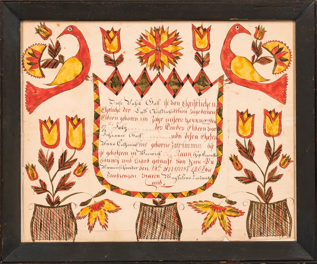 Watercolor Birth Fraktur for Rachel Gaff, Abraham Huth, Lancaster County, Pennsylvania, July 27th, 1808