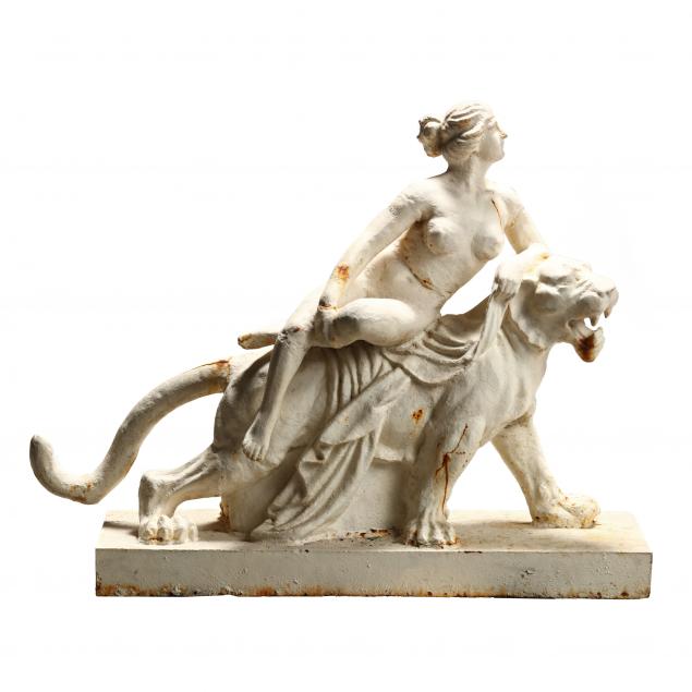 Classical Style Cast Iron Garden Sculpture of Ariadne and Tiger